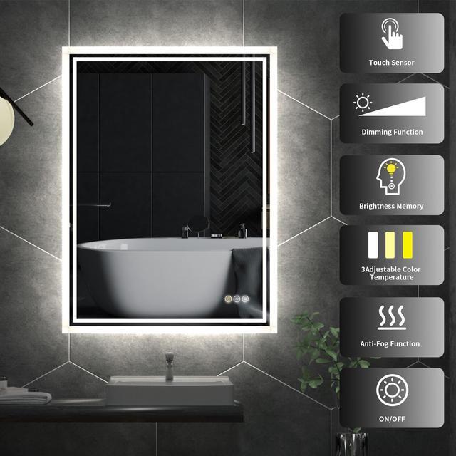 Alt view image 5 of 7 - 3 Colors Adjustable Lighting Bathroom Mirror LED Illuminated Wall Mounted Make up Mirror Anti-Fog Backlit Lighted Vanity Mirrors with Demister Pad Touch Sensor