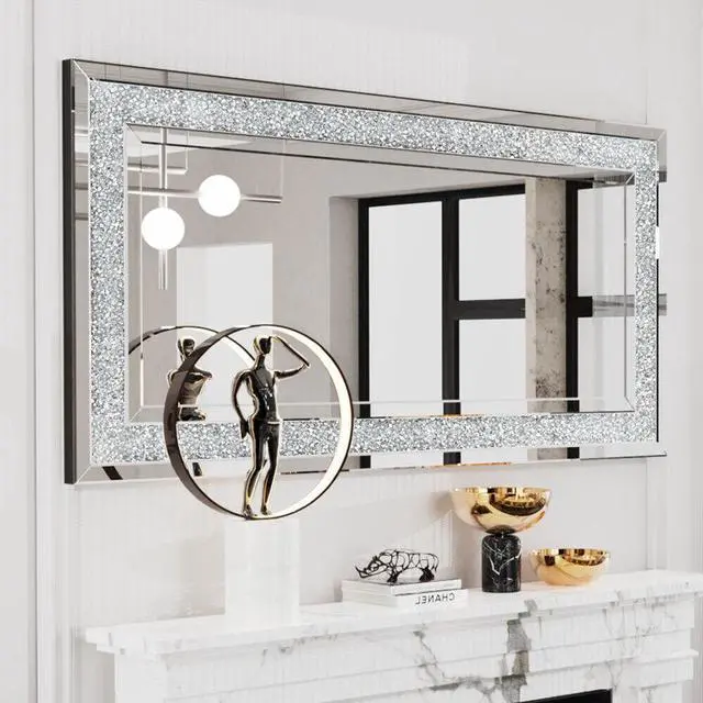 Alt view image 3 of 7 - Oversized  Gorgeous Crystal Crush Diamond Sparkle Mirror Rectangle Wide Border Decorative Venetian Wall Vanity Mirror for Living Room Hallway Bathrrom