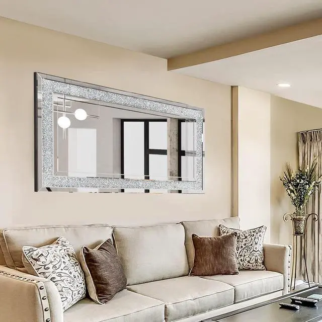 Alt view image 4 of 7 - Oversized  Gorgeous Crystal Crush Diamond Sparkle Mirror Rectangle Wide Border Decorative Venetian Wall Vanity Mirror for Living Room Hallway Bathrrom