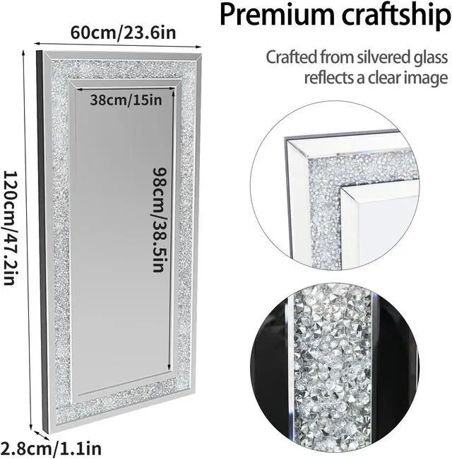 Alt view image 6 of 7 - Oversized  Gorgeous Crystal Crush Diamond Sparkle Mirror Rectangle Wide Border Decorative Venetian Wall Vanity Mirror for Living Room Hallway Bathrrom