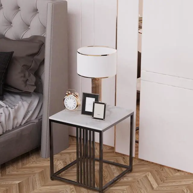 Alt view image 2 of 7 - Real Marble Top End Side Table Sintered Stone White Coffee Table Square Nightstand Modern Accent Tables  with Black Iron Fram for for Living Room Bedroom Hallway