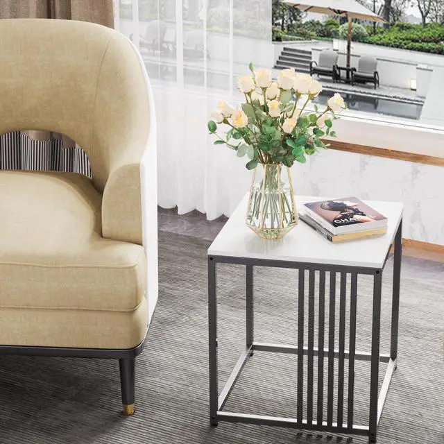 Alt view image 3 of 7 - Real Marble Top End Side Table Sintered Stone White Coffee Table Square Nightstand Modern Accent Tables  with Black Iron Fram for for Living Room Bedroom Hallway