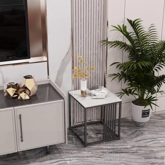 Alt view image 5 of 7 - Real Marble Top End Side Table Sintered Stone White Coffee Table Square Nightstand Modern Accent Tables  with Black Iron Fram for for Living Room Bedroom Hallway