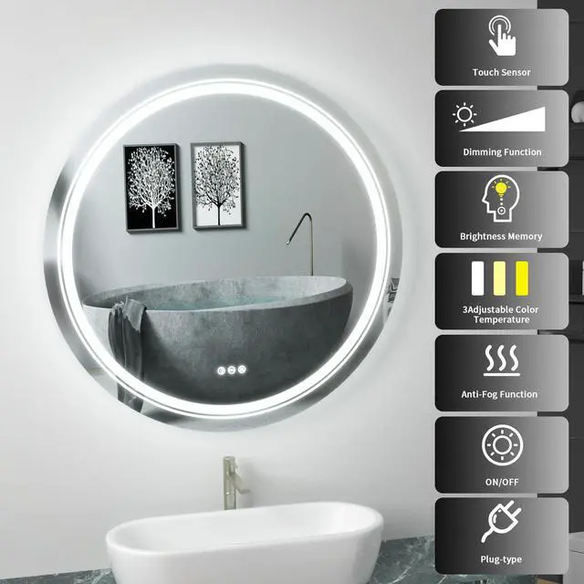 Alt view image 4 of 7 - 32 Inch Backlit Bathroom Mirror Round Dimmable 3 Colors Smart Anti-Fog Mirrors with Light MemoryLarge Wall Mounted LED Vanity Mirror