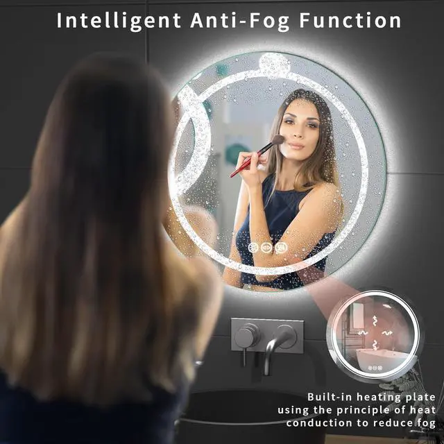 Alt view image 5 of 7 - 32 Inch Backlit Bathroom Mirror Round Dimmable 3 Colors Smart Anti-Fog Mirrors with Light MemoryLarge Wall Mounted LED Vanity Mirror