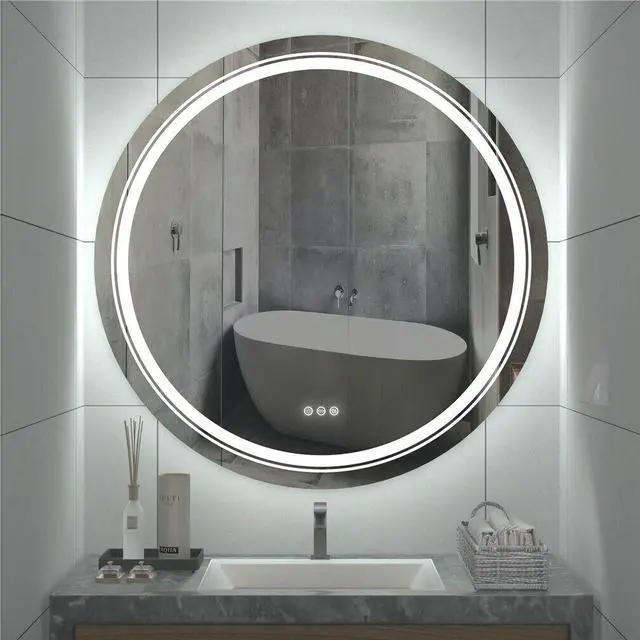 Alt view image 2 of 7 - 32 Inch Backlit Bathroom Mirror Round Dimmable 3 Colors Smart Anti-Fog Mirrors with Light MemoryLarge Wall Mounted LED Vanity Mirror
