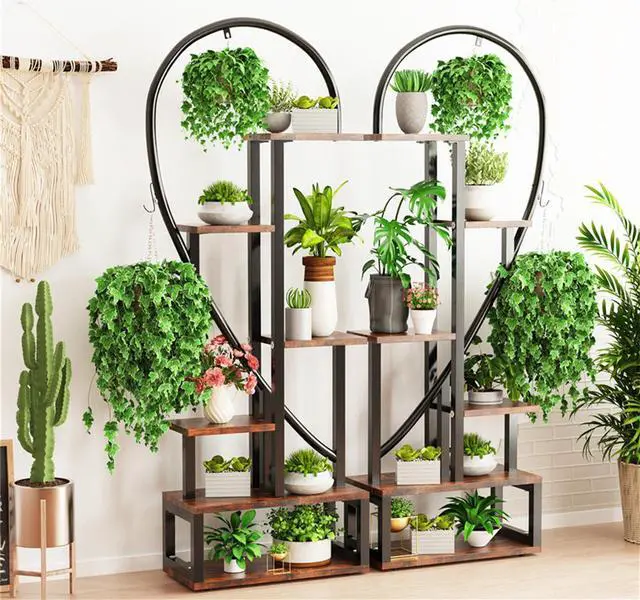 Alt view image 5 of 7 - 2PCS  Jumbo Large Heart-Shape Outdoor Garden Patio Plant Ladder Stand Flower Shelf Basket Hanging Rack