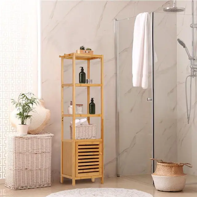 Alt view image 2 of 7 - 140cm high natural bamboo Bathroom Cabinet Shelf Storage Cabinet Corner Tower Rack Clothes Organizer