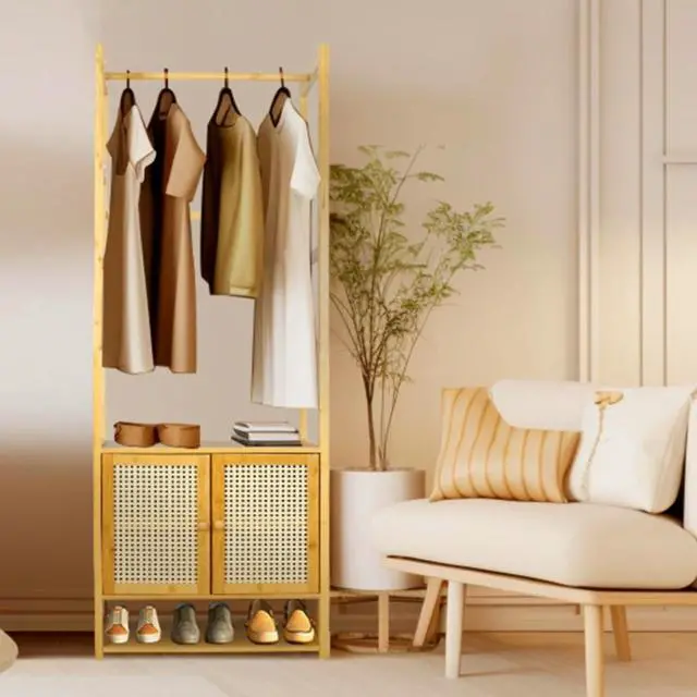 Alt view image 5 of 7 - Integrated Clothes Rack Standing Gament Hanging Rack Coat Storage Wardrobe Closet with Shoe Storage Cabinet Shelves Hanging Bars