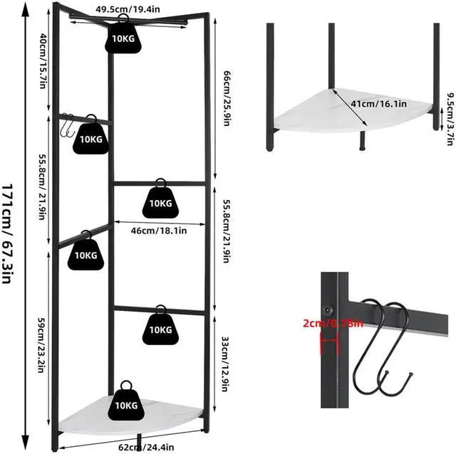 Alt view image 7 of 7 - UNHO Heavy Strong Metal Entryway Coat Stand Hall Tree Corner Garment Rack Clothes Hanging Shelf with Hanging Rail Hook shelf