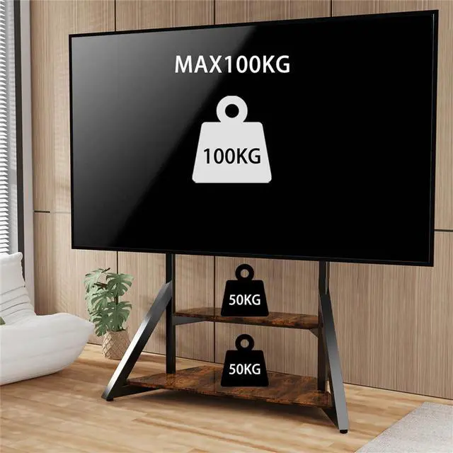 Alt view image 5 of 7 - Reinforced Floor TV Stand Heavy Duty TV Mount Bracket Height Adjustable with 2 Tiers Wood Storage Shelf for 65-100 Inch LCD LED Flat TV