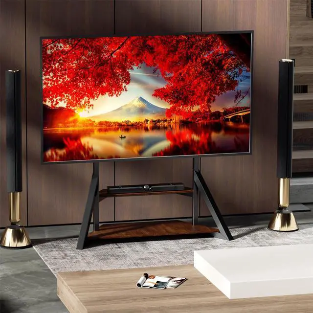 Alt view image 2 of 7 - Reinforced Floor TV Stand Heavy Duty TV Mount Bracket Height Adjustable with 2 Tiers Wood Storage Shelf for 65-100 Inch LCD LED Flat TV