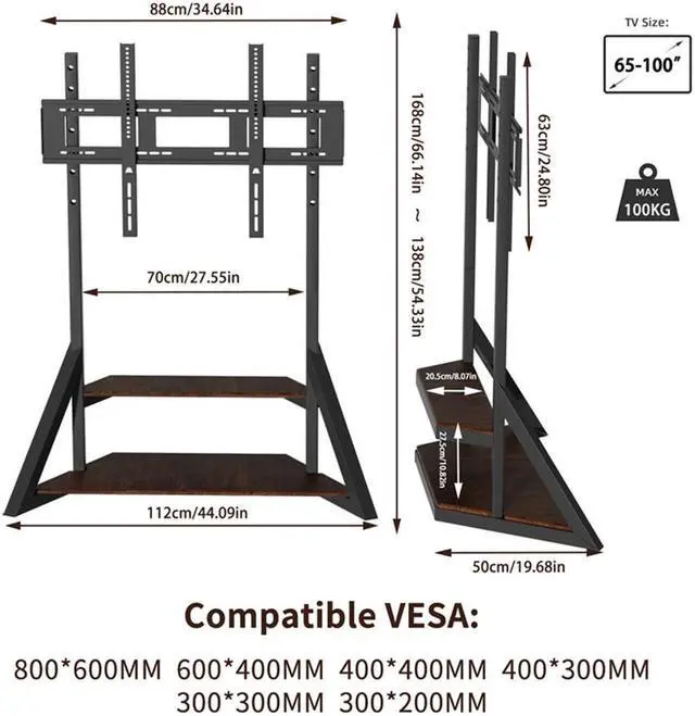 Alt view image 7 of 7 - Reinforced Floor TV Stand Heavy Duty TV Mount Bracket Height Adjustable with 2 Tiers Wood Storage Shelf for 65-100 Inch LCD LED Flat TV