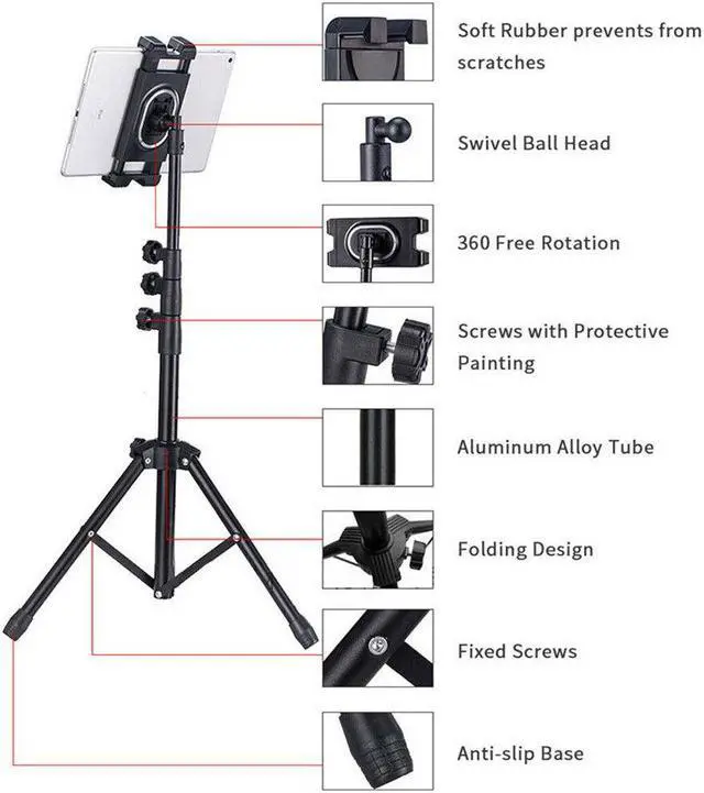 Alt view image 4 of 7 - Portable Tablet Tripod Stand Mobile Phone Holder Height Adjustable 360 Rotating For 4.5-12.9 Phone Tablet