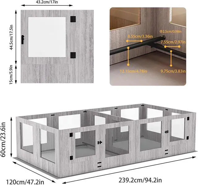 Alt view image 7 of 7 - Safest Tempered Glass Puppy Whelping Pen Box Wood Dog Cage Shatter-proof Dog Exercise Playpen with Waterproof Fertility Pad XX-Large