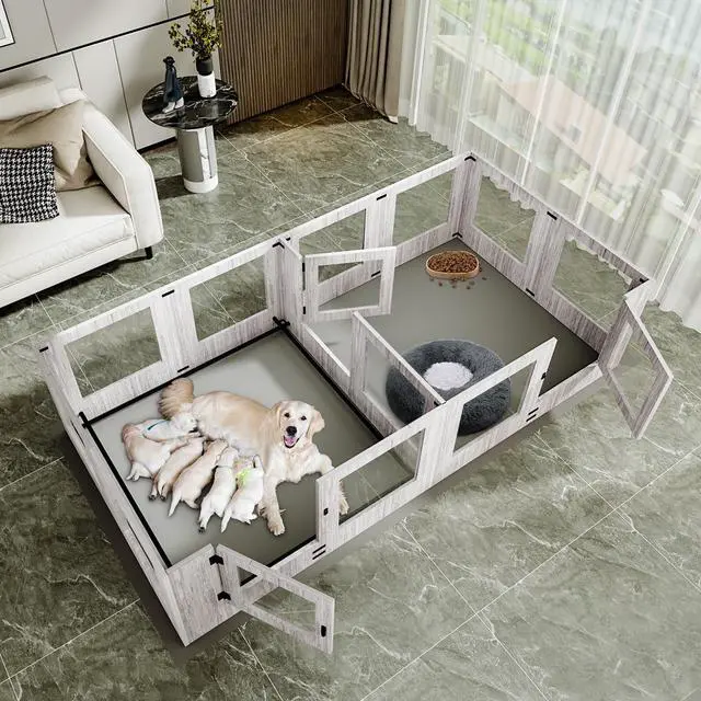 Alt view image 3 of 7 - Safest Tempered Glass Puppy Whelping Pen Box Wood Dog Cage Shatter-proof Dog Exercise Playpen with Waterproof Fertility Pad XX-Large