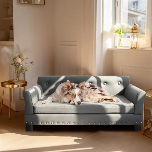Alt view image 3 of 7 - UNHO Large Elevated Dog Sofa Bed Microfiber Leather Couch Pet Sleep Joint Support Bed with Copper Nail Large