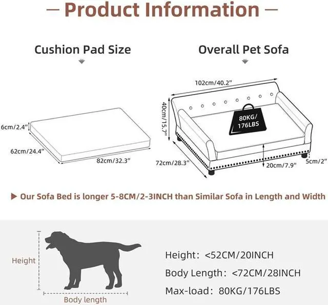 Alt view image 7 of 7 - UNHO Large Elevated Dog Sofa Bed Microfiber Leather Couch Pet Sleep Joint Support Bed with Copper Nail Large