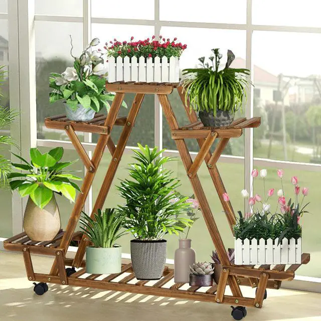 Main image of UNHO Rolling 6 Tier Carbonized Wood Plant Stand Rack Multiple Flower Pot Holder Shelf Indoor Outdoor Planter Display shelving unit for Patio Garden Corner Balcony Living Room Flower Shop Office