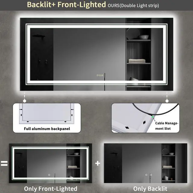 Alt view image 3 of 7 - UNHO 1200*600mm Rectangle Led Backlit Light Bathroom Mirror Aluminum Frame Wall Home Vanity Makeup Mirror Anti-fog Dimmable Function