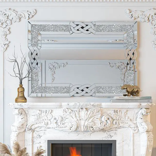 Main image of UNHO Decorative Wall Mirror: Rectangle Crush Diamond Wall Hanging Mirror Silver Glass Accent Mirror for Living Room, Fireplace, Bedroom Decor