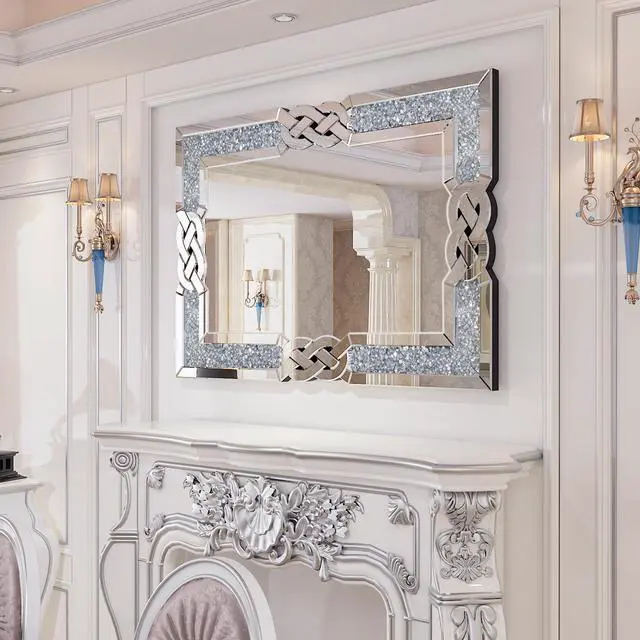 Alt view image 4 of 6 - UNHO Decorative Wall Mirror: Rectangle Crush Diamond Wall Hanging Mirror Silver Glass Accent Mirror for Living Room, Fireplace, Bedroom Decor