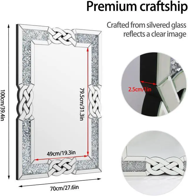 Alt view image 5 of 6 - UNHO Decorative Wall Mirror: Rectangle Crush Diamond Wall Hanging Mirror Silver Glass Accent Mirror for Living Room, Fireplace, Bedroom Decor