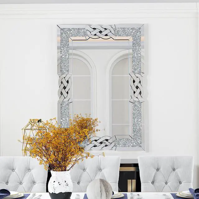 Alt view image 3 of 6 - UNHO Decorative Wall Mirror: Rectangle Crush Diamond Wall Hanging Mirror Silver Glass Accent Mirror for Living Room, Fireplace, Bedroom Decor