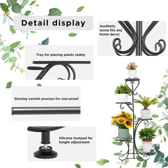 Alt view image 5 of 7 - UNHO 5-story Technology Tall Plant Stands Environmental Protection Abrasion Resistance and Embroidery Prevention Outdoor Metal Iron Plant Stands Garden Flowerpot Display Stands Terrace Balcony