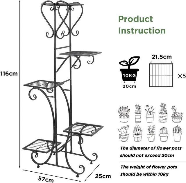 Alt view image 7 of 7 - UNHO 5-story Technology Tall Plant Stands Environmental Protection Abrasion Resistance and Embroidery Prevention Outdoor Metal Iron Plant Stands Garden Flowerpot Display Stands Terrace Balcony