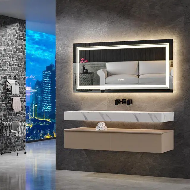 Alt view image 4 of 7 - UNHO Lighting LED Bathroom Mirror Anti-fog Waterproof Backlight Function Rectangular Bathroom Hotel Makeup Room 3500k-6000k Modern Silver