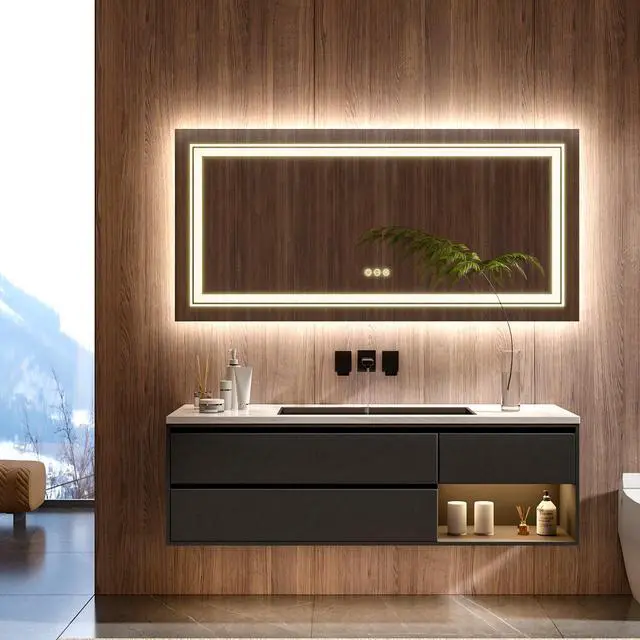 Main image of UNHO Lighting LED Bathroom Mirror Anti-fog Waterproof Backlight Function Rectangular Bathroom Hotel Makeup Room 3500k-6000k Modern Silver