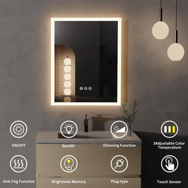 Alt view image 4 of 7 - UNHO Led Bathroom Mirror Cosmetic Mirror 3 Kinds Of Color Temperature 400*500mm Adjustable Brightness Anti-fog Waterproof Square Silver Bathroom Hotel