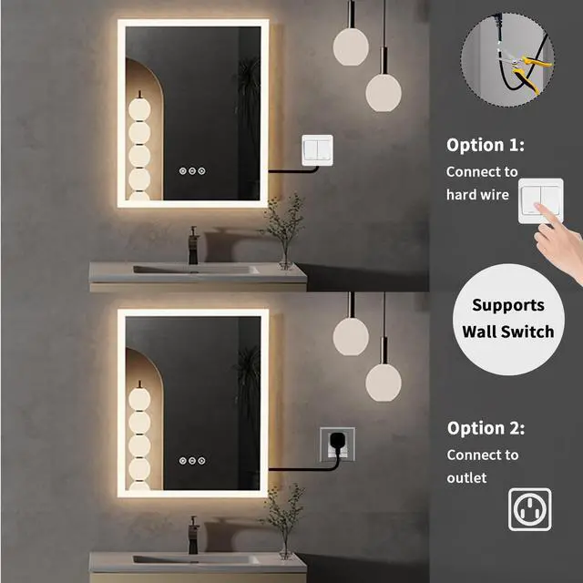 Alt view image 7 of 7 - UNHO Led Bathroom Mirror Cosmetic Mirror 3 Kinds Of Color Temperature 400*500mm Adjustable Brightness Anti-fog Waterproof Square Silver Bathroom Hotel