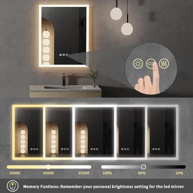 Alt view image 5 of 7 - UNHO Led Bathroom Mirror Cosmetic Mirror 3 Kinds Of Color Temperature 400*500mm Adjustable Brightness Anti-fog Waterproof Square Silver Bathroom Hotel