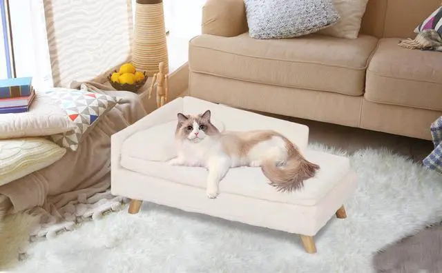 Main image of UNHO L-shaped Dog Sofa Cat Bed Rubber Wooden Legs With Cushion Plush Pillow Upscale Soft Warm Nested Sofa Stool White 70x40x39cm