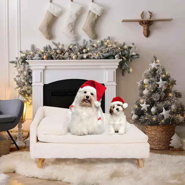 Alt view image 2 of 7 - UNHO L-shaped Dog Sofa Cat Bed Rubber Wooden Legs With Cushion Plush Pillow Upscale Soft Warm Nested Sofa Stool White 70x40x39cm
