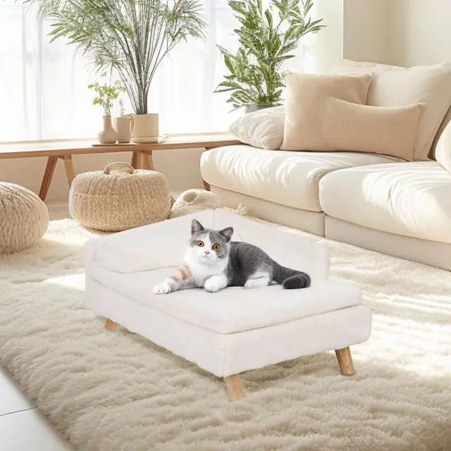 Alt view image 3 of 7 - UNHO L-shaped Dog Sofa Cat Bed Rubber Wooden Legs With Cushion Plush Pillow Upscale Soft Warm Nested Sofa Stool White 70x40x39cm