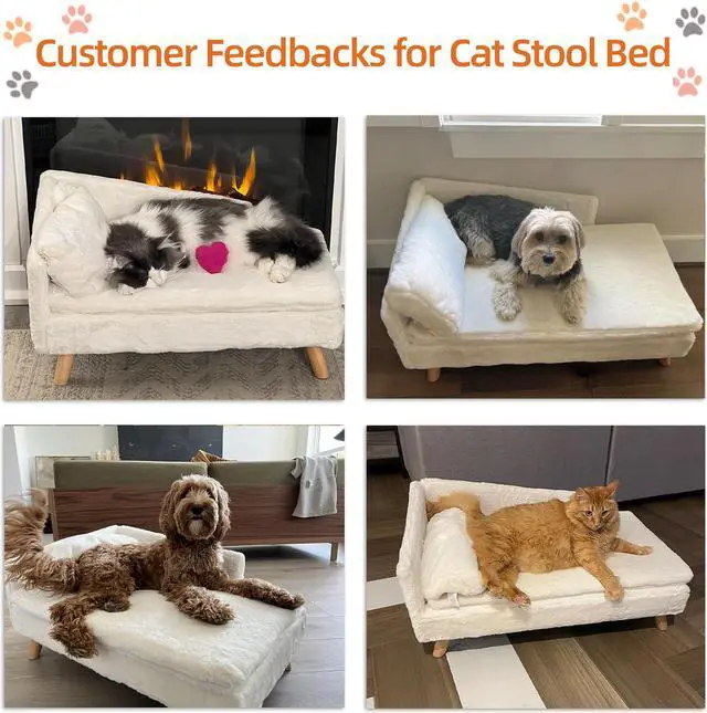 Alt view image 4 of 7 - UNHO L-shaped Dog Sofa Cat Bed Rubber Wooden Legs With Cushion Plush Pillow Upscale Soft Warm Nested Sofa Stool White 70x40x39cm