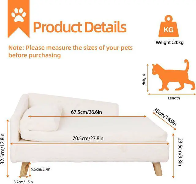 Alt view image 5 of 7 - UNHO L-shaped Dog Sofa Cat Bed Rubber Wooden Legs With Cushion Plush Pillow Upscale Soft Warm Nested Sofa Stool White 70x40x39cm
