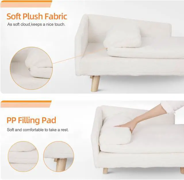 Alt view image 7 of 7 - UNHO L-shaped Dog Sofa Cat Bed Rubber Wooden Legs With Cushion Plush Pillow Upscale Soft Warm Nested Sofa Stool White 70x40x39cm