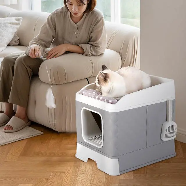 Main image of UNHO Detachable Cat Litter Box Closed Detachable Top Front Easy to Clean Large Space Grey White