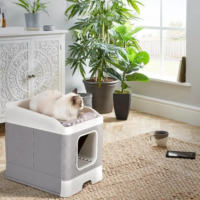 Alt view image 3 of 7 - UNHO Detachable Cat Litter Box Closed Detachable Top Front Easy to Clean Large Space Grey White
