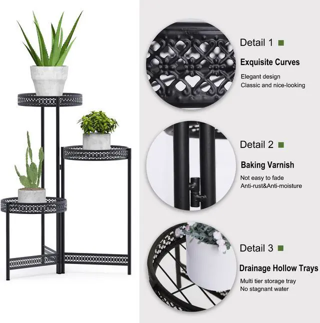 Alt view image 6 of 7 - UNHO 3 Tier / 4 Tier Metal Planter Pots Holder  Indoor & Outdoor Multilayer Plants Stand with Flower Pot Display Rack for Home Decor, Garden, Patio