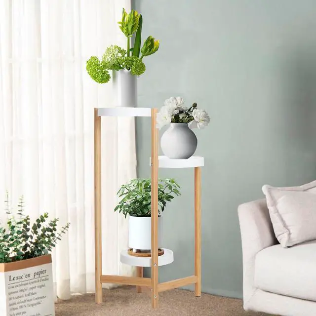 Alt view image 2 of 7 - UNHO 3 Tier Plant Stand Bamboo Plant Holder Flower Pot Rack Corner Nordic Indoor Brown High And Low Display Living Room Bedroom Balcony