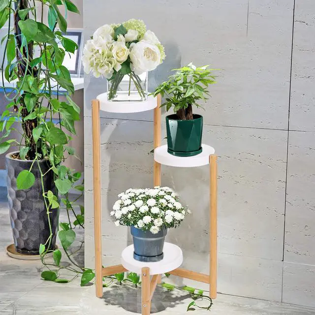 Alt view image 3 of 7 - UNHO 3 Tier Plant Stand Bamboo Plant Holder Flower Pot Rack Corner Nordic Indoor Brown High And Low Display Living Room Bedroom Balcony