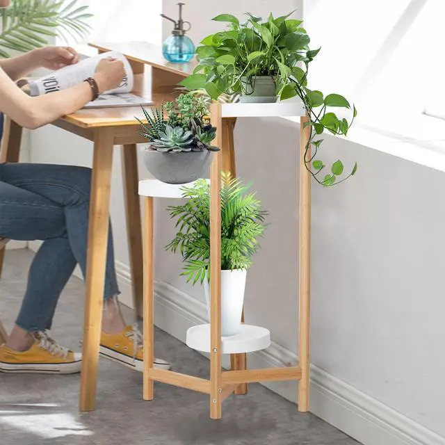 Alt view image 4 of 7 - UNHO 3 Tier Plant Stand Bamboo Plant Holder Flower Pot Rack Corner Nordic Indoor Brown High And Low Display Living Room Bedroom Balcony