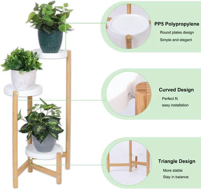 Alt view image 7 of 7 - UNHO 3 Tier Plant Stand Bamboo Plant Holder Flower Pot Rack Corner Nordic Indoor Brown High And Low Display Living Room Bedroom Balcony