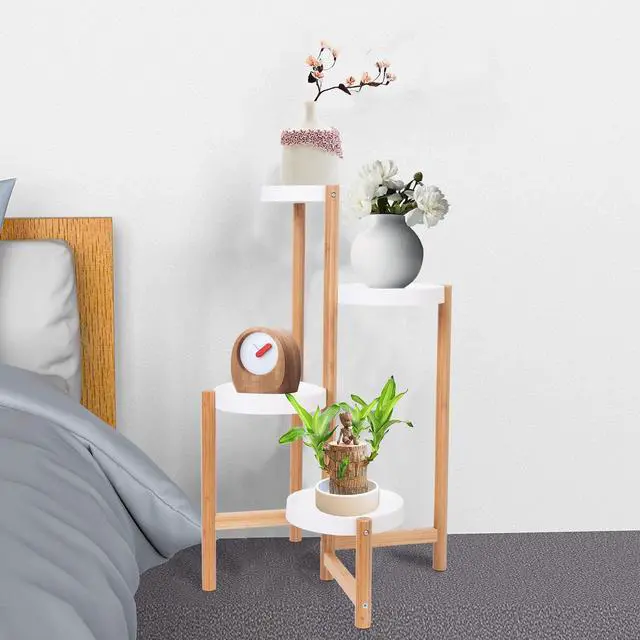 Alt view image 2 of 7 - UNHO 4 Tier Plant Stand Bamboo Plant Holder Flower Pot Rack Corner Nordic Indoor Brown High And Low Display Living Room Bedroom Balcony