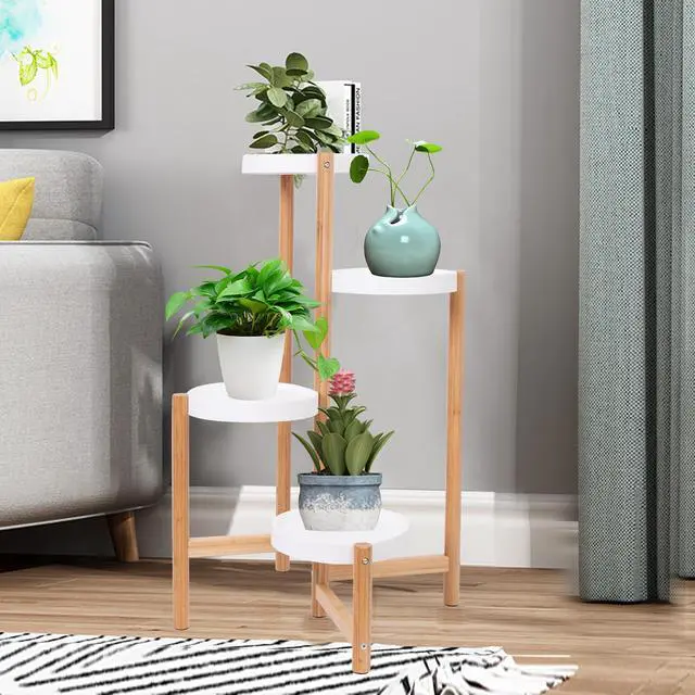 Alt view image 3 of 7 - UNHO 4 Tier Plant Stand Bamboo Plant Holder Flower Pot Rack Corner Nordic Indoor Brown High And Low Display Living Room Bedroom Balcony